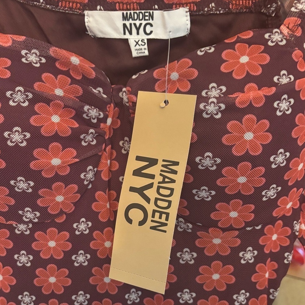 MADDEN NYC BROWN FLOWER PRINT CASUAL DRESSY RUCHED BODYCON DRESS NWT SZ XS - Picture 5 of 6